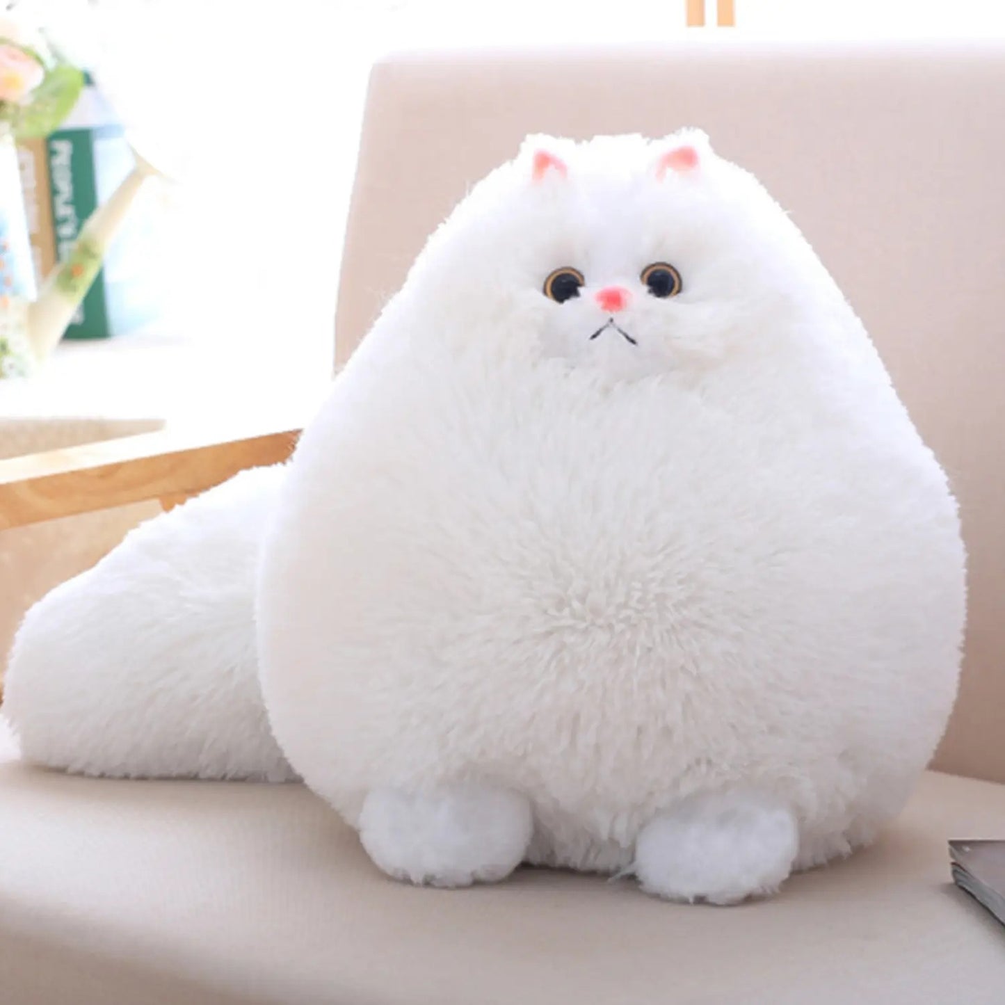 Ultra-Fluffy White Plush Cat Toy – Soft Chubby Stuffed Kitten Pillow for Kids & Home Décor