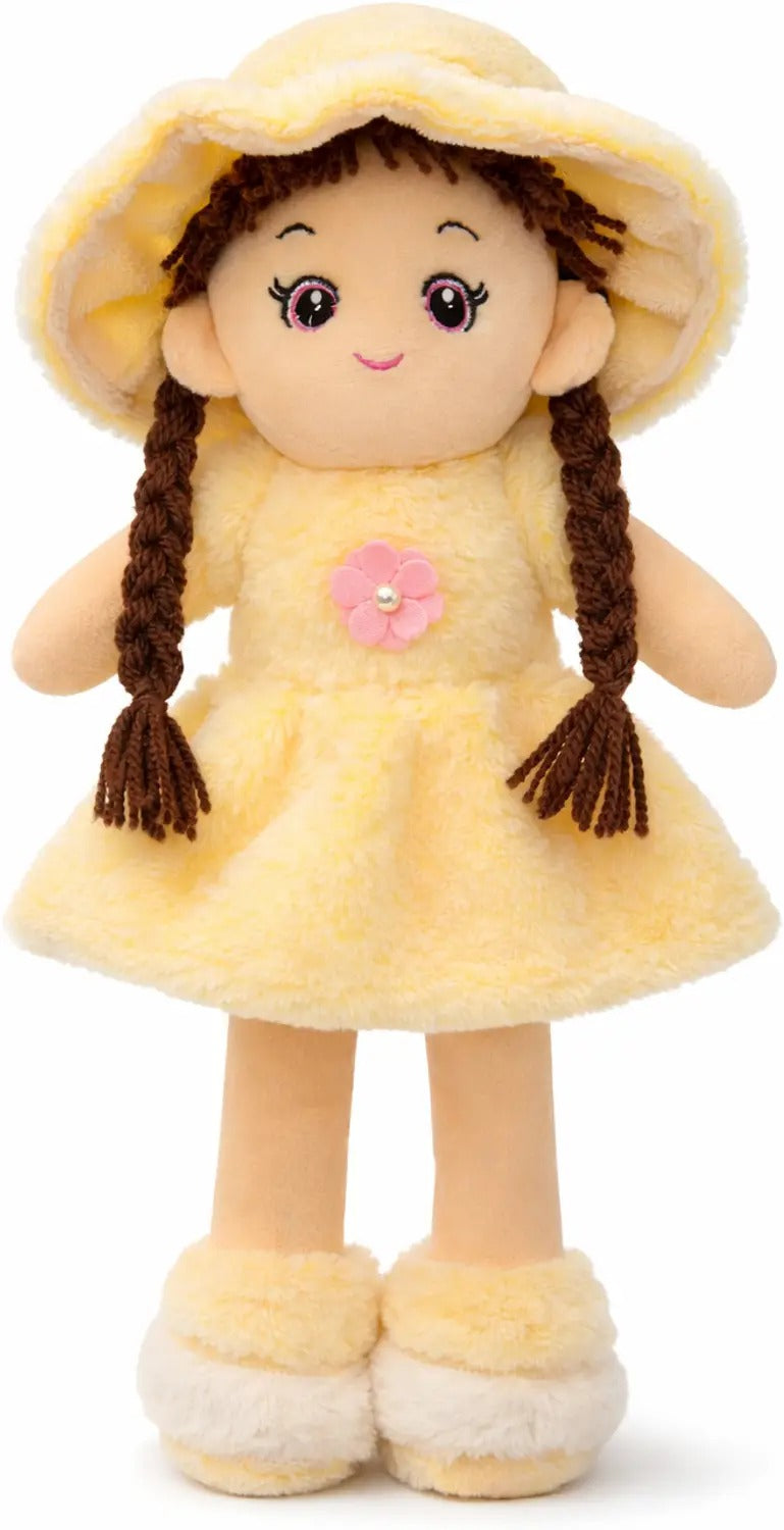 🧸 Soft Plush Girl Doll with Hat – Yellow Dress (Cute & Cuddly)