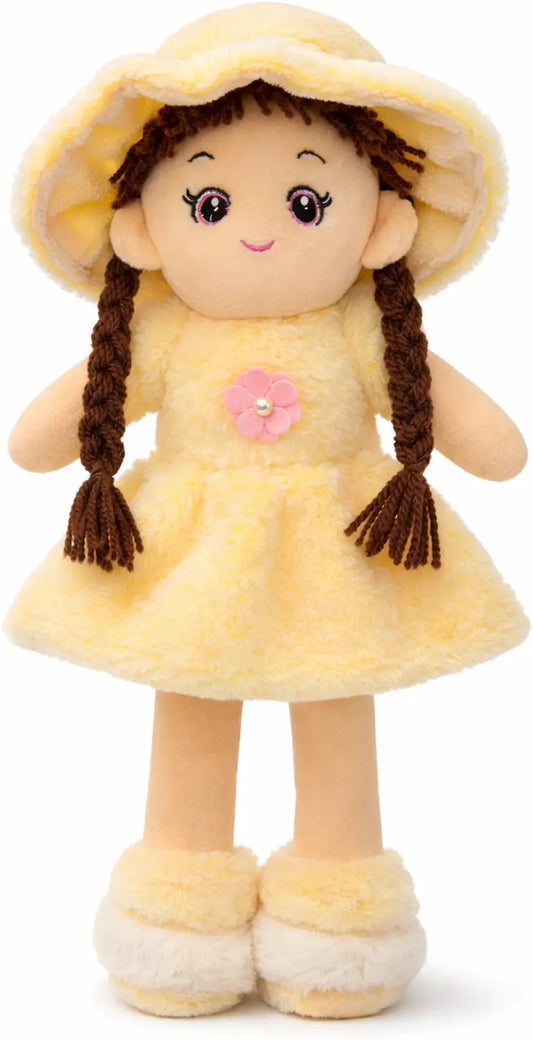 🧸 Soft Plush Girl Doll with Hat – Yellow Dress (Cute & Cuddly)