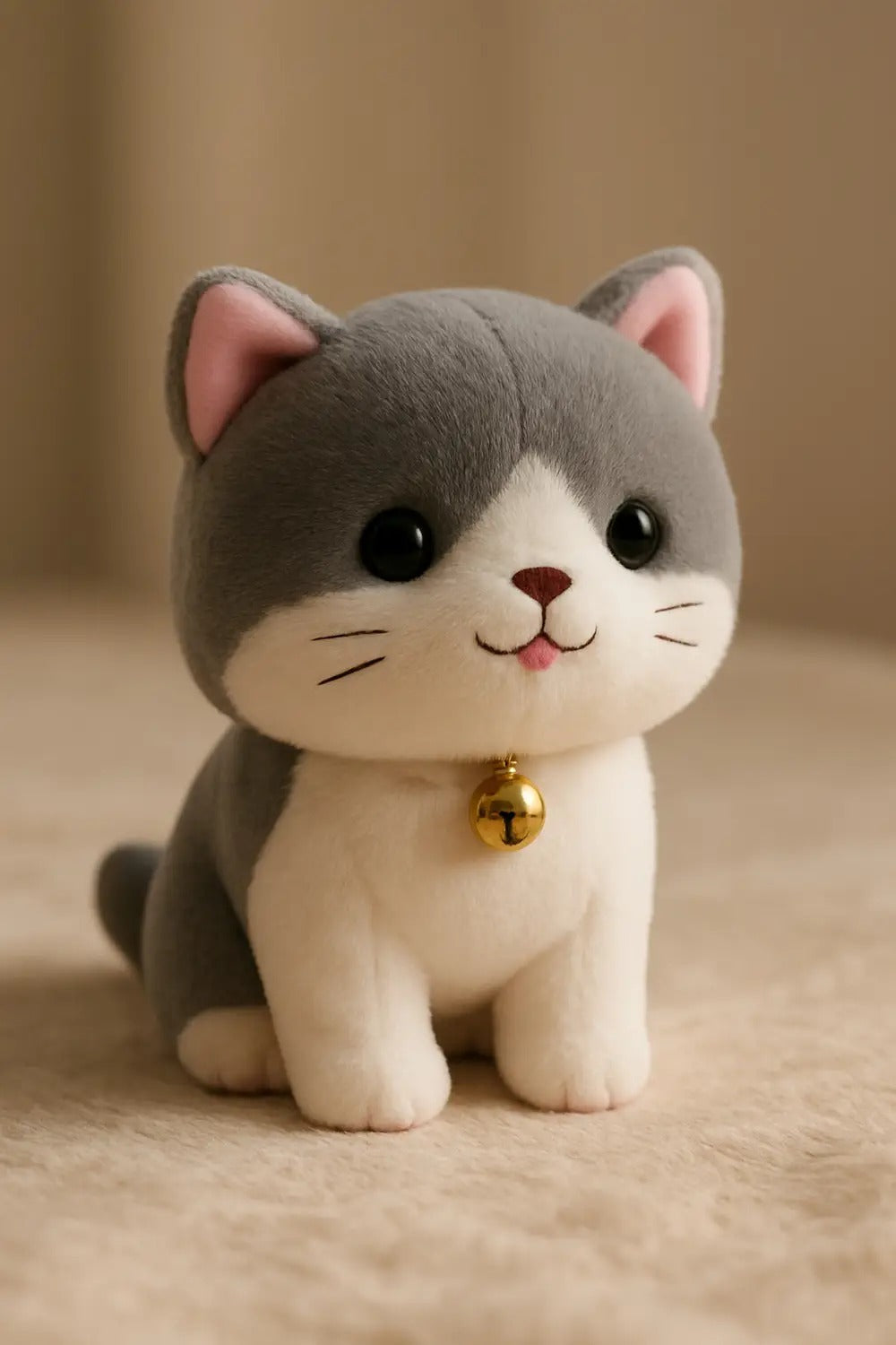 Cute Grey & White Plush Cat Toy with Bell – Soft Kawaii Kitten Stuffed Animal for Kids & Gifts