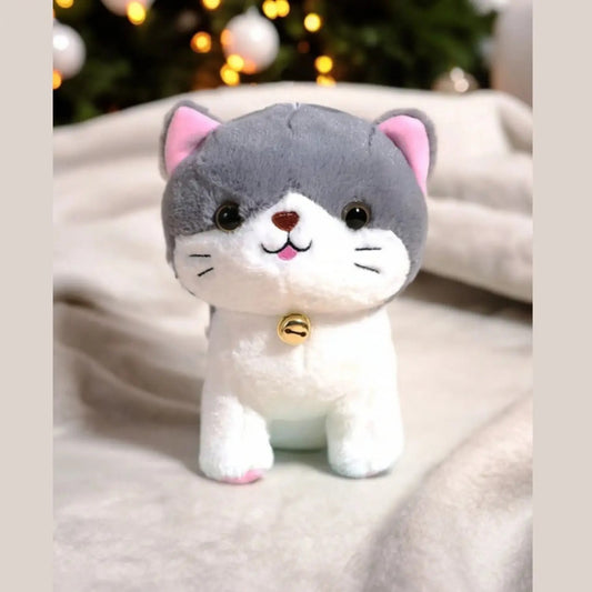 Cute Grey & White Plush Cat Toy with Bell – Soft Kawaii Kitten Stuffed Animal for Kids & Gifts