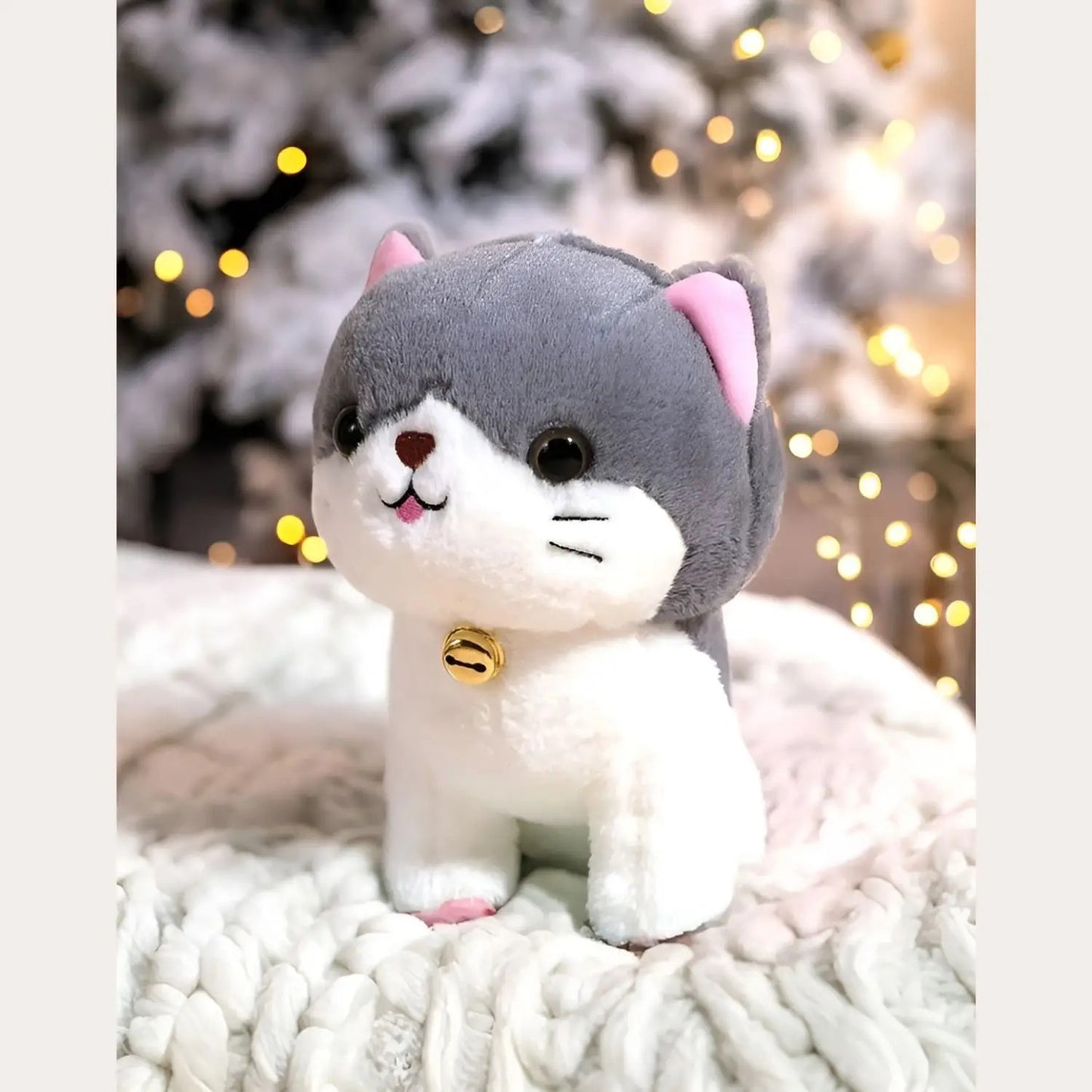 Cute Grey & White Plush Cat Toy with Bell – Soft Kawaii Kitten Stuffed Animal for Kids & Gifts