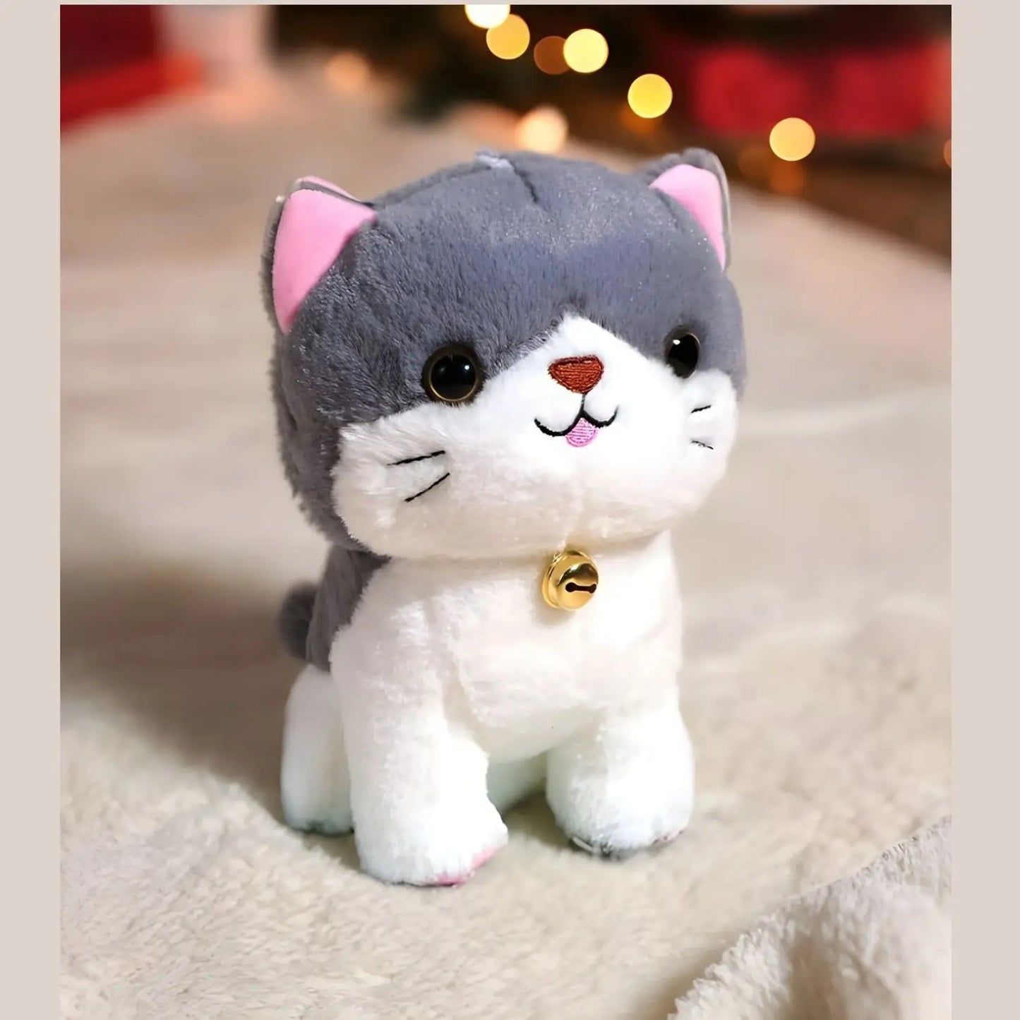 Cute Grey & White Plush Cat Toy with Bell – Soft Kawaii Kitten Stuffed Animal for Kids & Gifts