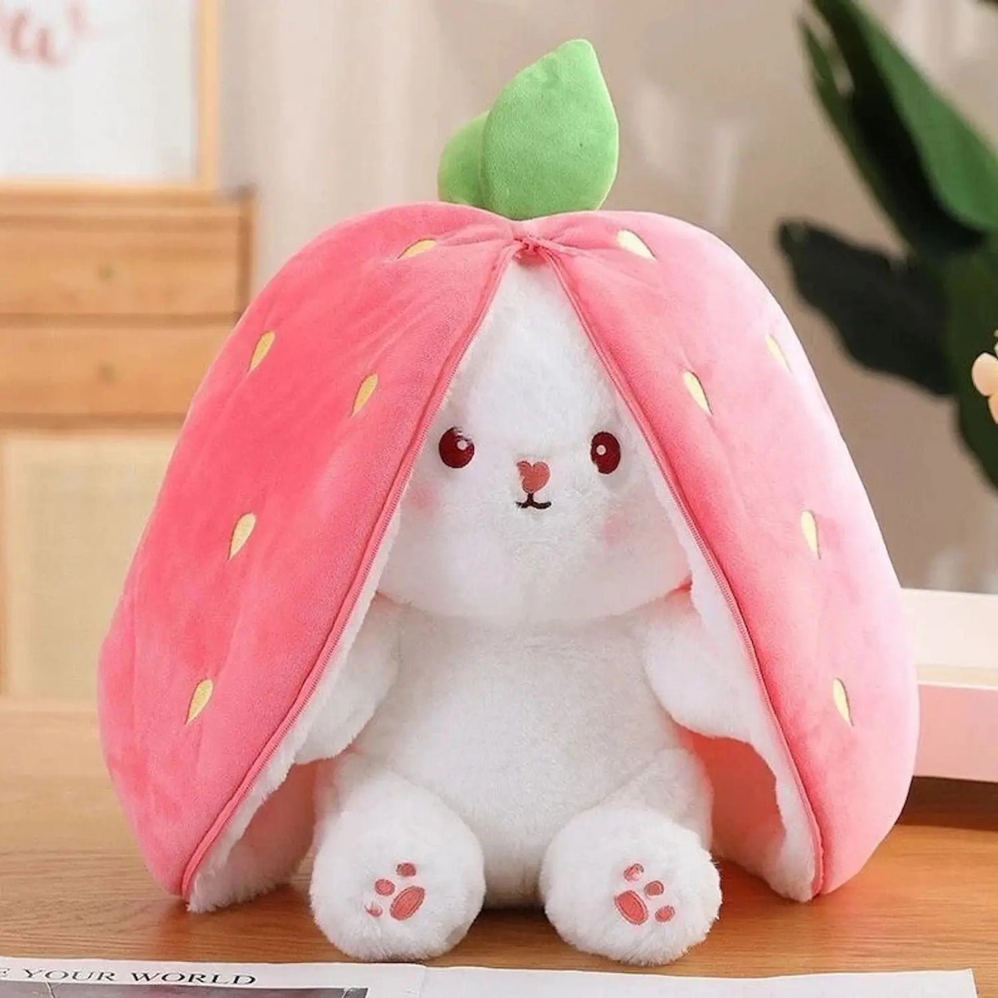 Strawberry Bunny Plush Soft Toy – Cute Rabbit Stuffed Animal with Strawberry Hood